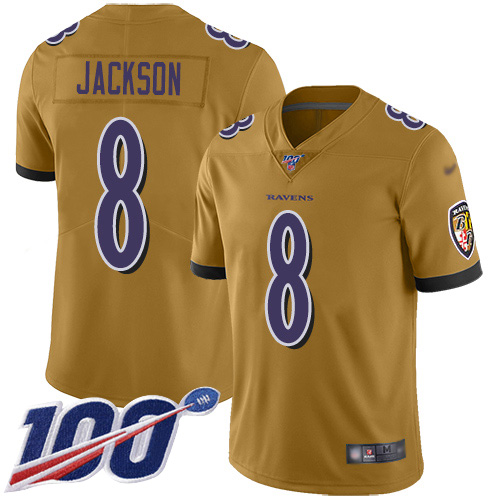 Nike Baltimore Ravens #8 Lamar Jackson Gold Men’s Stitched NFL Limited Inverted Legend 100th Season Jersey