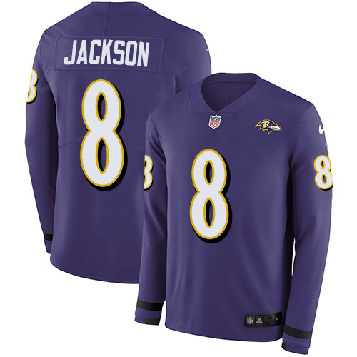 Nike Baltimore Ravens #8 Lamar Jackson Purple Team Color Men’s Stitched NFL Limited Therma Long Sleeve Jersey