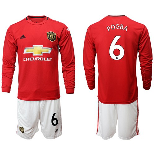 Manchester United #6 Pogba Red Home Long Sleeves Soccer Club Jersey
