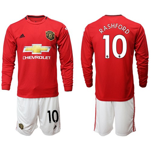 Manchester United #10 Rashford Red Home Long Sleeves Soccer Club Jersey