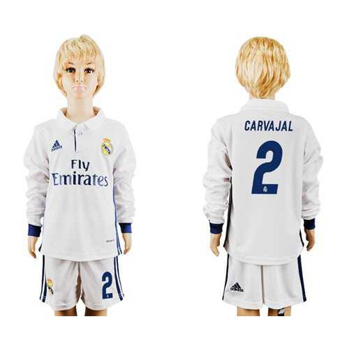 Real Madrid #2 Carvajal Home Long Sleeves Kid Soccer Club Jersey