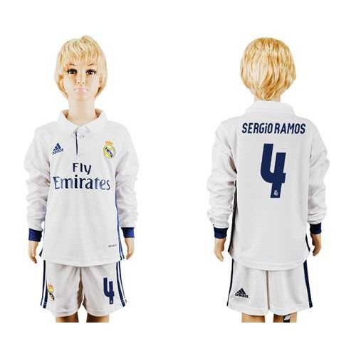 Real Madrid #4 Sergio Ramos Home Long Sleeves Kid Soccer Club Jersey