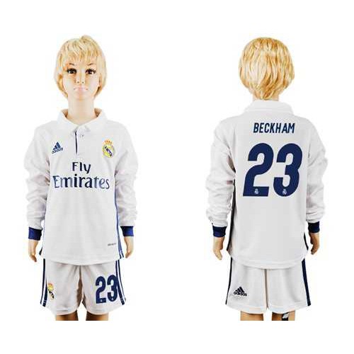 Real Madrid #23 Beckham Home Long Sleeves Kid Soccer Club Jersey