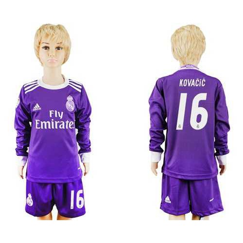 Real Madrid #16 Kovacic Away Long Sleeves Kid Soccer Club Jersey