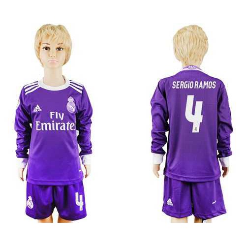 Real Madrid #4 Sergio Ramos Away Long Sleeves Kid Soccer Club Jersey