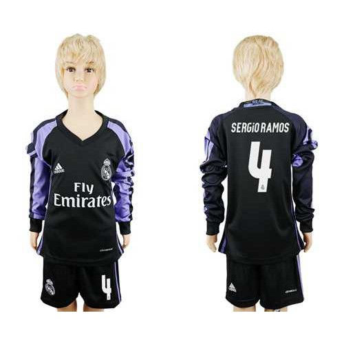 Real Madrid #4 Sergio Ramos Sec Away Long Sleeves Kid Soccer Club Jersey