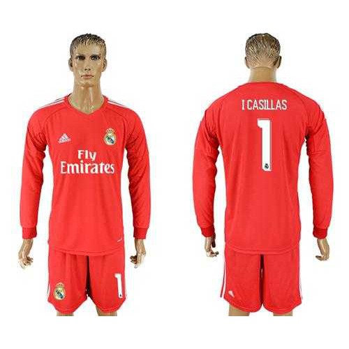 Real Madrid #1 I Casillas Red Goalkeeper Long Sleeves Soccer Club Jersey