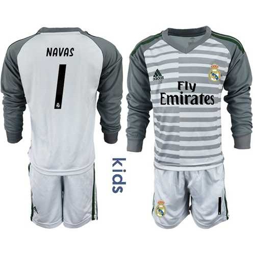 Real Madrid #1 Navas Grey Goalkeeper Long Sleeves Kid Soccer Club Jersey