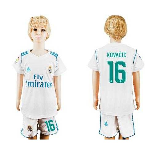 Real Madrid #16 Kovacic White Home Kid Soccer Club Jersey