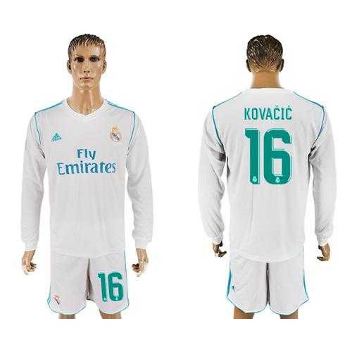 Real Madrid #16 Kovacic White Home Long Sleeves Soccer Club Jersey