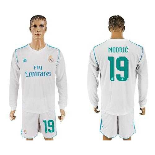 Real Madrid #19 Modric White Home Long Sleeves Soccer Club Jersey