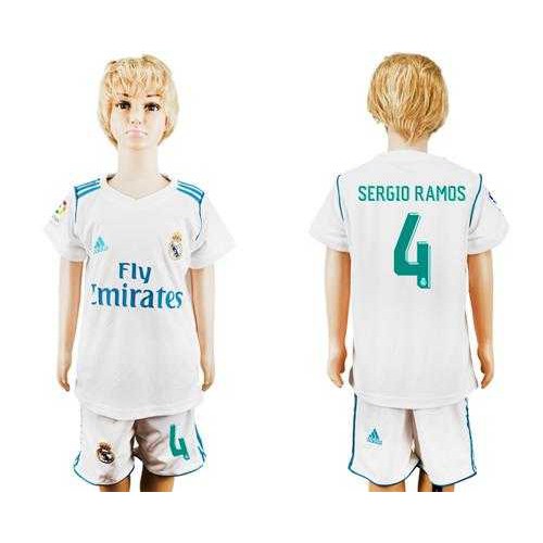 Real Madrid #4 Sergio Ramos White Home Kid Soccer Club Jersey