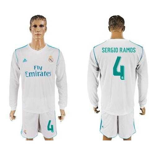 Real Madrid #4 Sergio Ramos White Home Long Sleeves Soccer Club Jersey