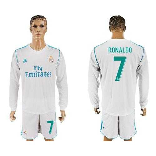 Real Madrid #7 Ronaldo White Home Long Sleeves Soccer Club Jersey