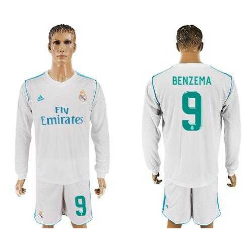 Real Madrid #9 Benzema White Home Long Sleeves Soccer Club Jersey