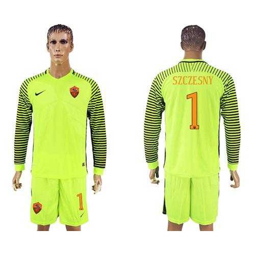 Roma #1 Szczesny Shiny Green Goalkeeper Long Sleeves Soccer Club Jersey