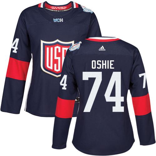 Team USA #74 T. J. Oshie Navy Blue 2016 World Cup Women’s Stitched NHL Jersey