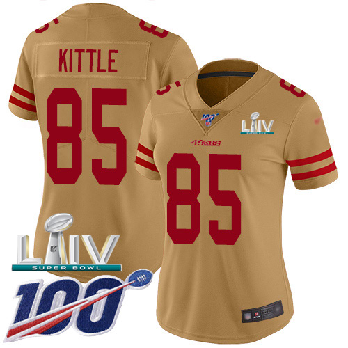 Nike San Francisco 49ers #85 George Kittle Gold Super Bowl LIV 2020 Women’s Stitched NFL Limited Inverted Legend 100th Season Jersey
