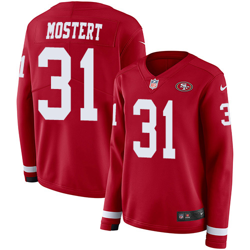 Nike San Francisco 49ers #31 Raheem Mostert Red Team Color Women’s Stitched NFL Limited Therma Long Sleeve Jersey