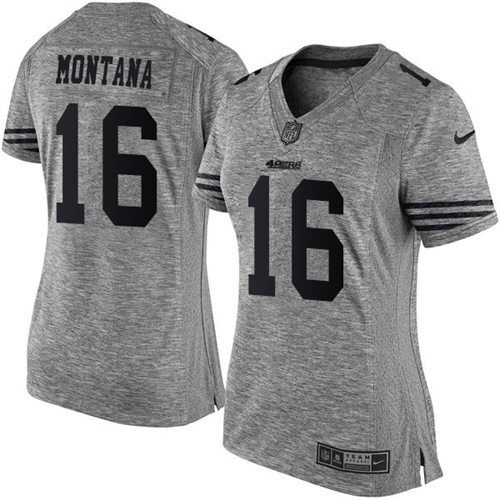 Nike San Francisco 49ers #16 Joe Montana Gray Women’s Stitched NFL Limited Gridiron Gray Jersey