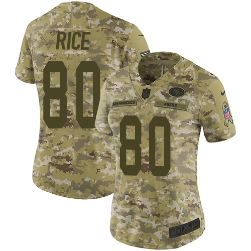 Nike San Francisco 49ers #80 Jerry Rice Camo Women’s Stitched NFL Limited 2018 Salute to Service Jersey