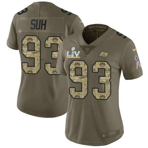 Nike Tampa Bay Buccaneers #93 Ndamukong Suh Olive/Camo Women’s Super Bowl LV Bound Stitched NFL Limited 2017 Salute To Service Jersey