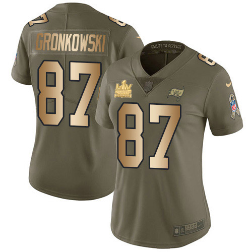 Nike Tampa Bay Buccaneers #87 Rob Gronkowski Olive/Gold Women’s Super Bowl LV Champions Patch Stitched NFL Limited 2017 Salute To Service Jersey