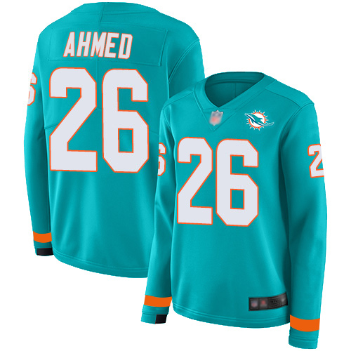 Nike Miami Dolphins #26 Salvon Ahmed Aqua Green Team Color Women’s Stitched NFL Limited Therma Long Sleeve Jersey