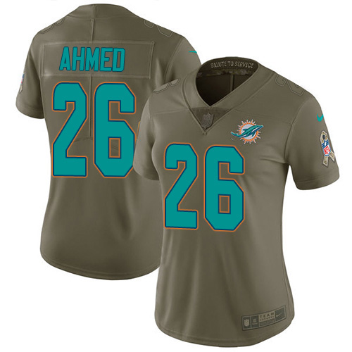 Nike Miami Dolphins #26 Salvon Ahmed Olive Women’s Stitched NFL Limited 2017 Salute To Service Jersey