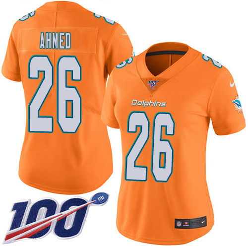 Nike Miami Dolphins #26 Salvon Ahmed Orangen Women’s Stitched NFL Limited Rush 100th Season Jersey