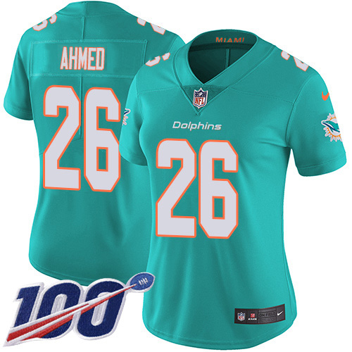 Nike Miami Dolphins #26 Salvon Ahmed Aqua Green Team Color Women’s Stitched NFL 100th Season Vapor Untouchable Limited Jersey
