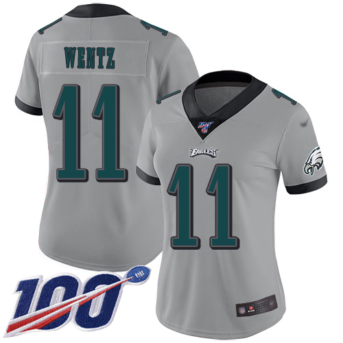 Nike Philadelphia Eagles #11 Carson Wentz Silver Women’s Stitched NFL Limited Inverted Legend 100th Season Jersey
