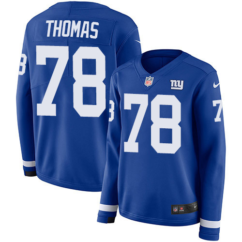 Nike New York Giants #78 Andrew Thomas Royal Blue Team Color Women’s Stitched NFL Limited Therma Long Sleeve Jersey