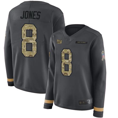 Nike New York Giants #8 Daniel Jones Anthracite Salute to Service Women’s Stitched NFL Limited Therma Long Sleeve Jersey