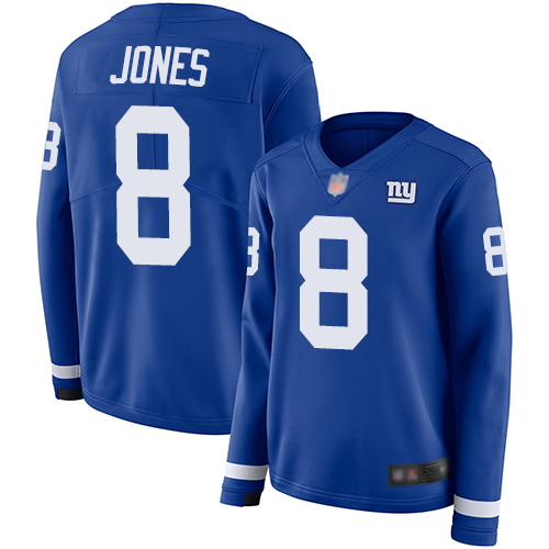 Nike New York Giants #8 Daniel Jones Royal Blue Team Color Women’s Stitched NFL Limited Therma Long Sleeve Jersey