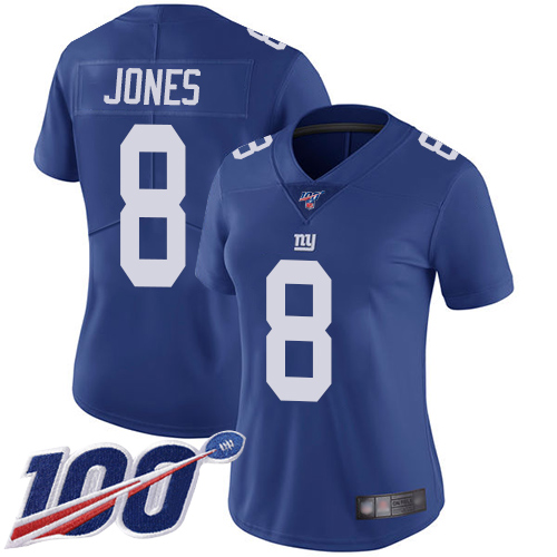 Nike New York Giants #8 Daniel Jones Royal Blue Team Color Women’s Stitched NFL 100th Season Vapor Limited Jersey