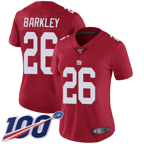 Nike New York Giants #26 Saquon Barkley Red Alternate Women’s Stitched NFL 100th Season Vapor Limited Jersey