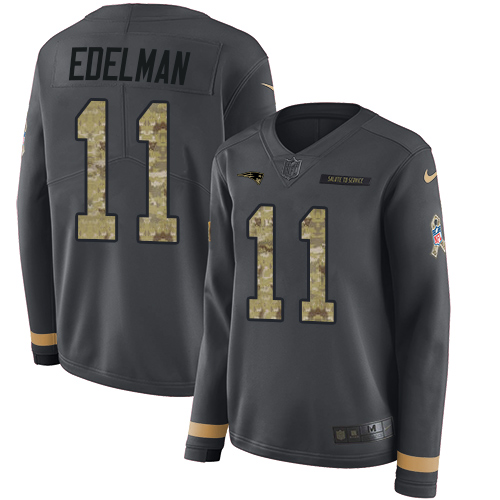 Nike New England Patriots #11 Julian Edelman Anthracite Salute to Service Women’s Stitched NFL Limited Therma Long Sleeve Jersey