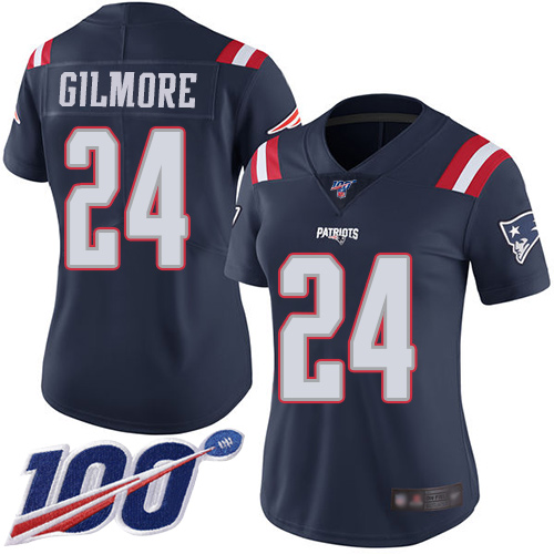 Nike New England Patriots #24 Stephon Gilmore Navy Blue Women’s Stitched NFL Limited Rush 100th Season Jersey