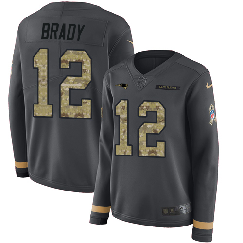 Nike New England Patriots #12 Tom Brady Anthracite Salute to Service Women’s Stitched NFL Limited Therma Long Sleeve Jersey
