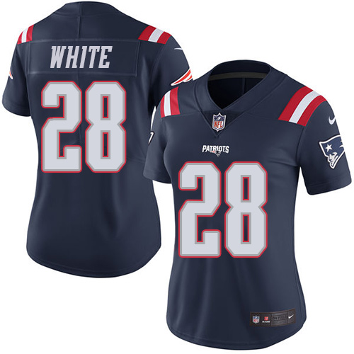 Nike New England Patriots #28 James White Navy Blue Women’s Stitched NFL Limited Rush Jersey