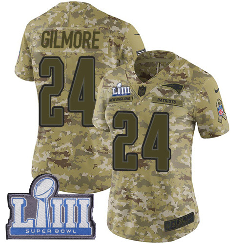 Nike New England Patriots #24 Stephon Gilmore Camo Super Bowl LIII Bound Women’s Stitched NFL Limited 2018 Salute to Service Jersey