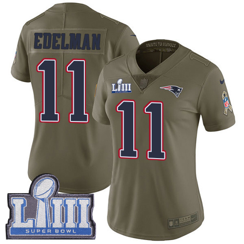 Nike New England Patriots #11 Julian Edelman Olive Super Bowl LIII Bound Women’s Stitched NFL Limited 2017 Salute to Service Jersey