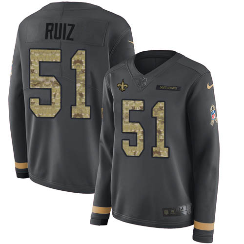 Nike New Orleans Saints #51 Cesar Ruiz Anthracite Salute to Service Women’s Stitched NFL Limited Therma Long Sleeve Jersey