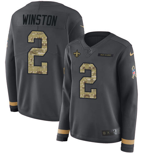 Nike New Orleans Saints #2 Jameis Winston Anthracite Salute to Service Women’s Stitched NFL Limited Therma Long Sleeve Jersey
