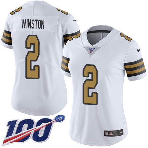 Nike New Orleans Saints #2 Jameis Winston White Women’s Stitched NFL Limited Rush 100th Season Jersey