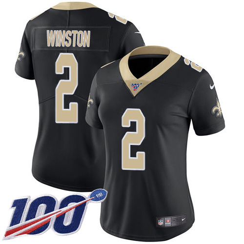Nike New Orleans Saints #2 Jameis Winston Black Team Color Women’s Stitched NFL 100th Season Vapor Untouchable Limited Jersey