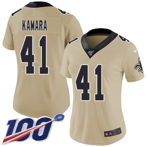 Nike New Orleans Saints #41 Alvin Kamara Gold Women’s Stitched NFL Limited Inverted Legend 100th Season Jersey