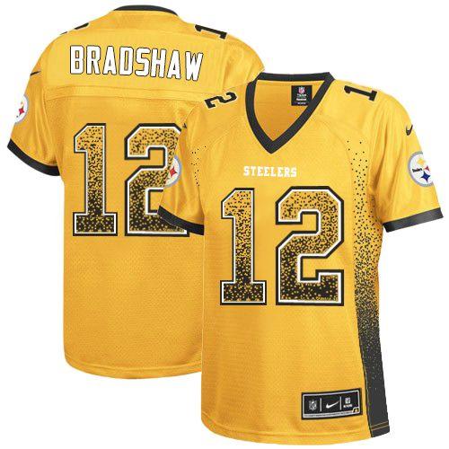 Nike Pittsburgh Steelers #12 Terry Bradshaw Gold Women’s Stitched NFL Elite Drift Fashion Jersey