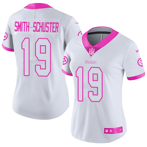 Nike Pittsburgh Steelers #19 JuJu Smith-Schuster White/Pink Women’s Stitched NFL Limited Rush Fashion Jersey